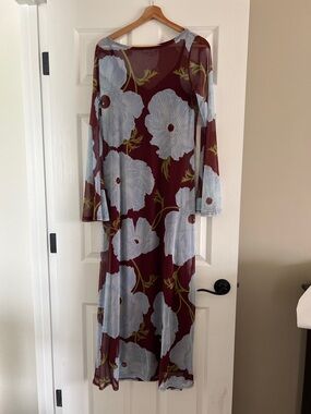 Never Fully Dressed Burgundy Maxi Dress with Pale Blue Floral Print